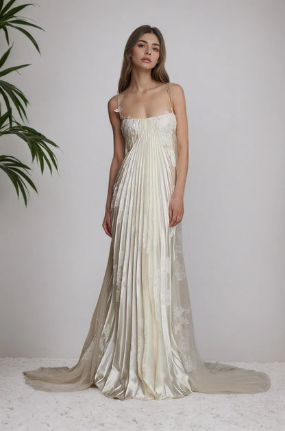 Stunning Spaghetti-Straps Pleated Sheath Appliques Prom Dress With Detachable Train