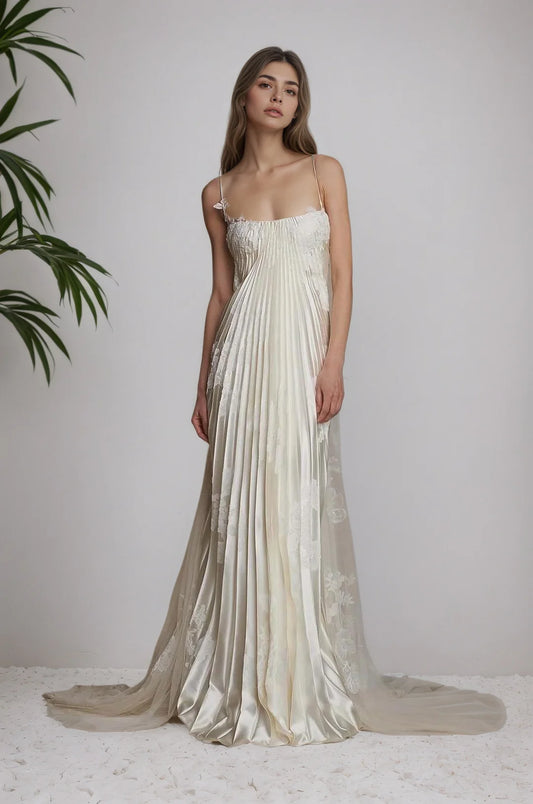 Stunning Spaghetti-Straps Pleated Sheath Appliques Prom Dress With Detachable Train