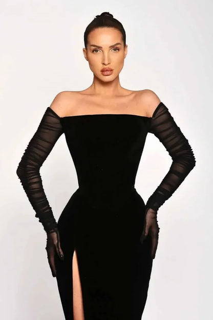 Black Long Sleeves Split Strapless Evening Dress ZT0409