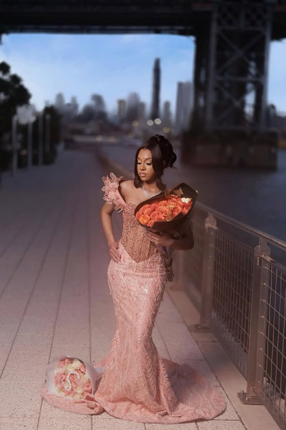 Coral Pink Sweetheart Straps Mermaid Prom Dress With Beadings