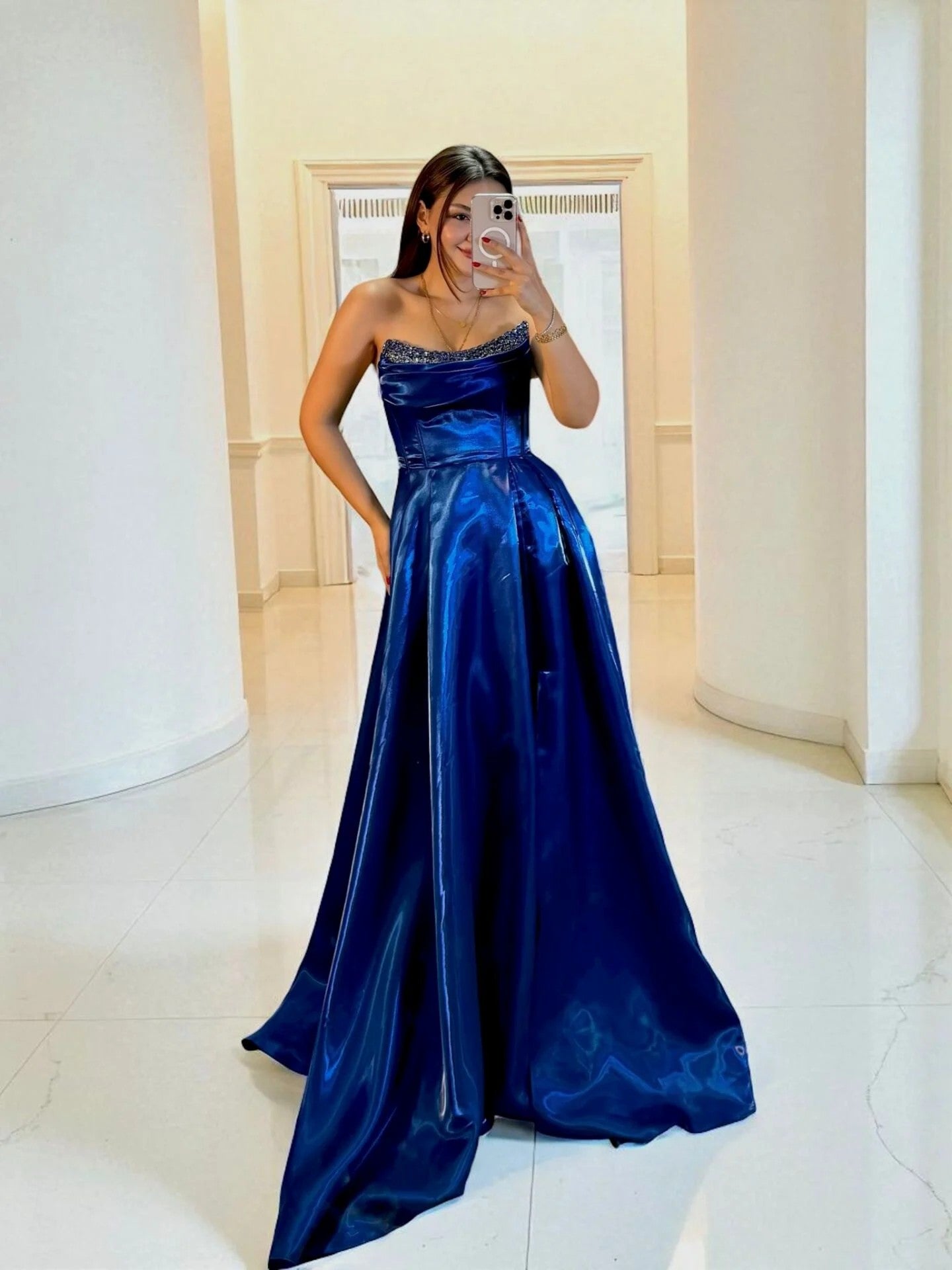 Shiny Satin Beaded Corset Formal Evening Gown