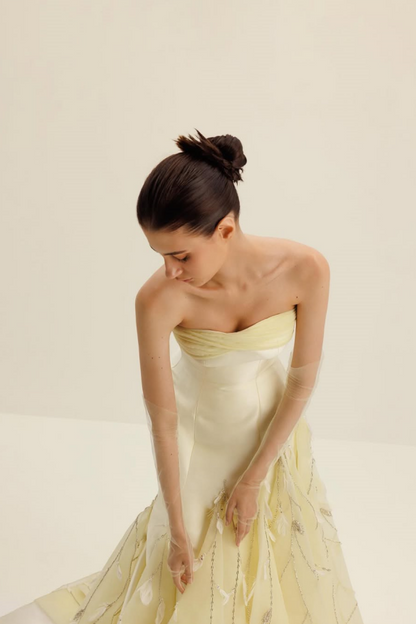 Light Yellow Strapless Mermaid Prom Dress With Feathers XJ0186