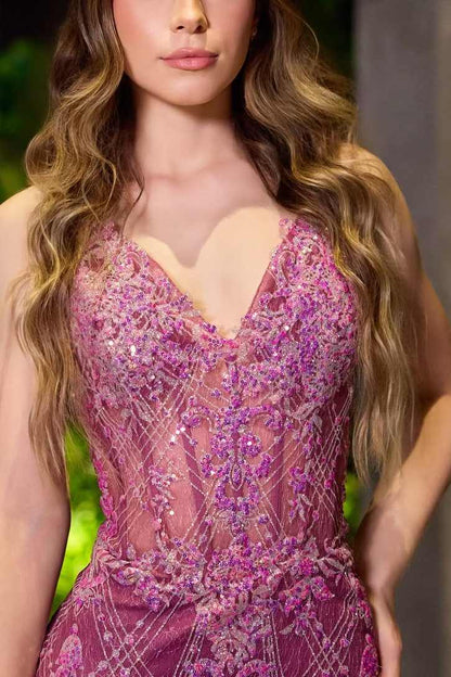 Stunning Purple V Neck Spaghetti Straps Appliques Mermaid Long Prom Dress