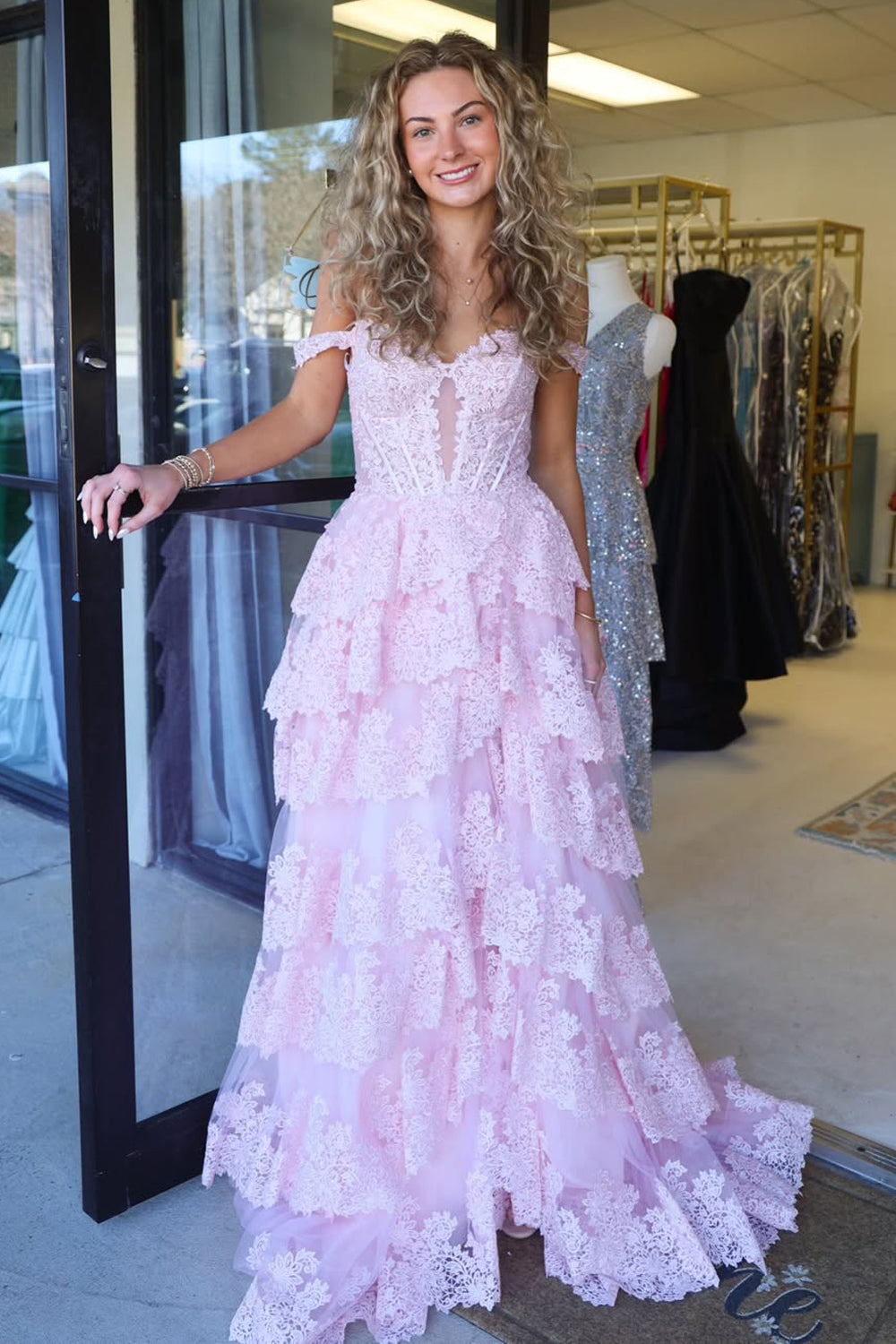 Gorgeous A Line Off the Shoulder Pink Tiered Prom Dress