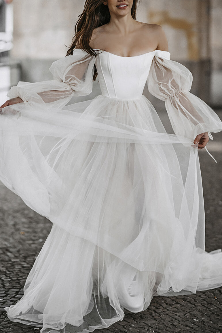 Off-Shoulder Long-Puff-Sleeves Tulle Floor-Length Wedding Dress