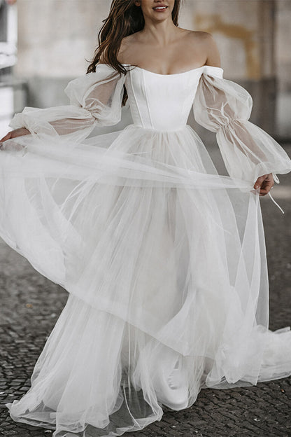 Off-Shoulder Long-Puff-Sleeves Tulle Floor-Length Wedding Dress