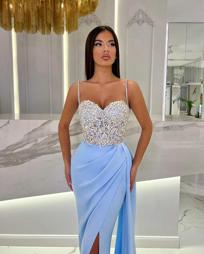 Spaghetti Straps Prom Dress Sweetheart Rhinestones with High Slit