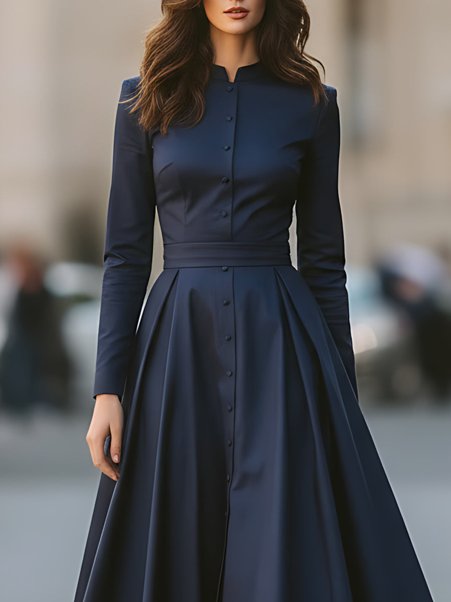 Midnight Navy Button-Down Midi Dress With Structured Silhouette