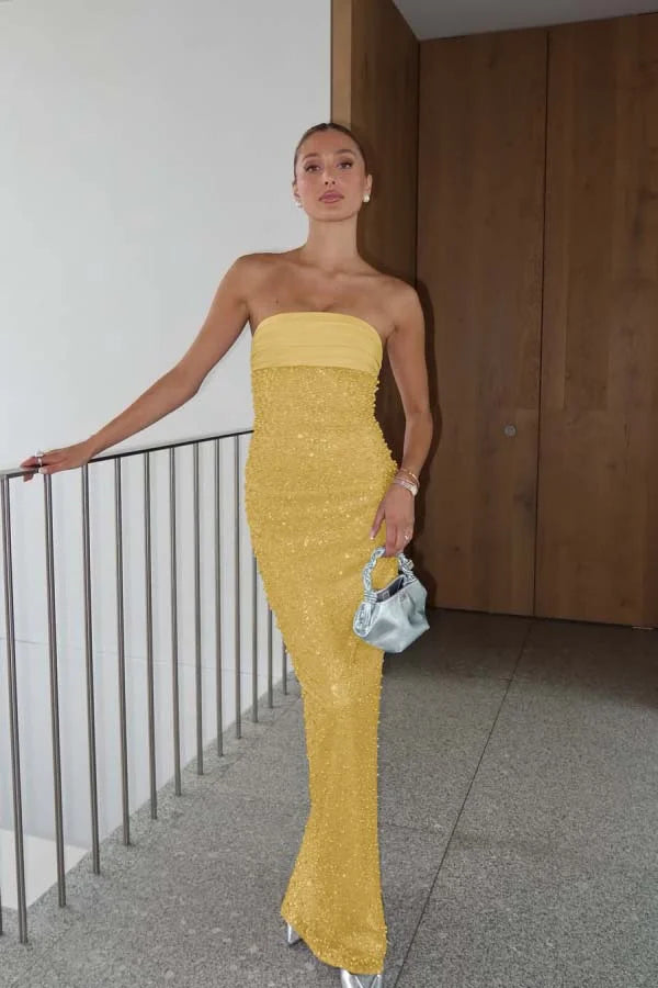 Lilac Strapless Pearls Beaded Sheath Prom Dress