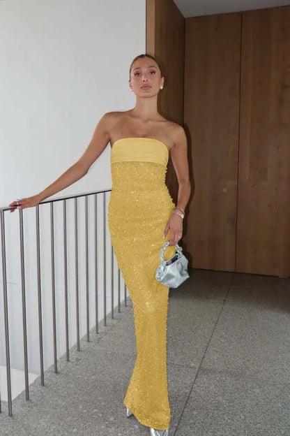 Lilac Strapless Pearls Beaded Sheath Prom Dress