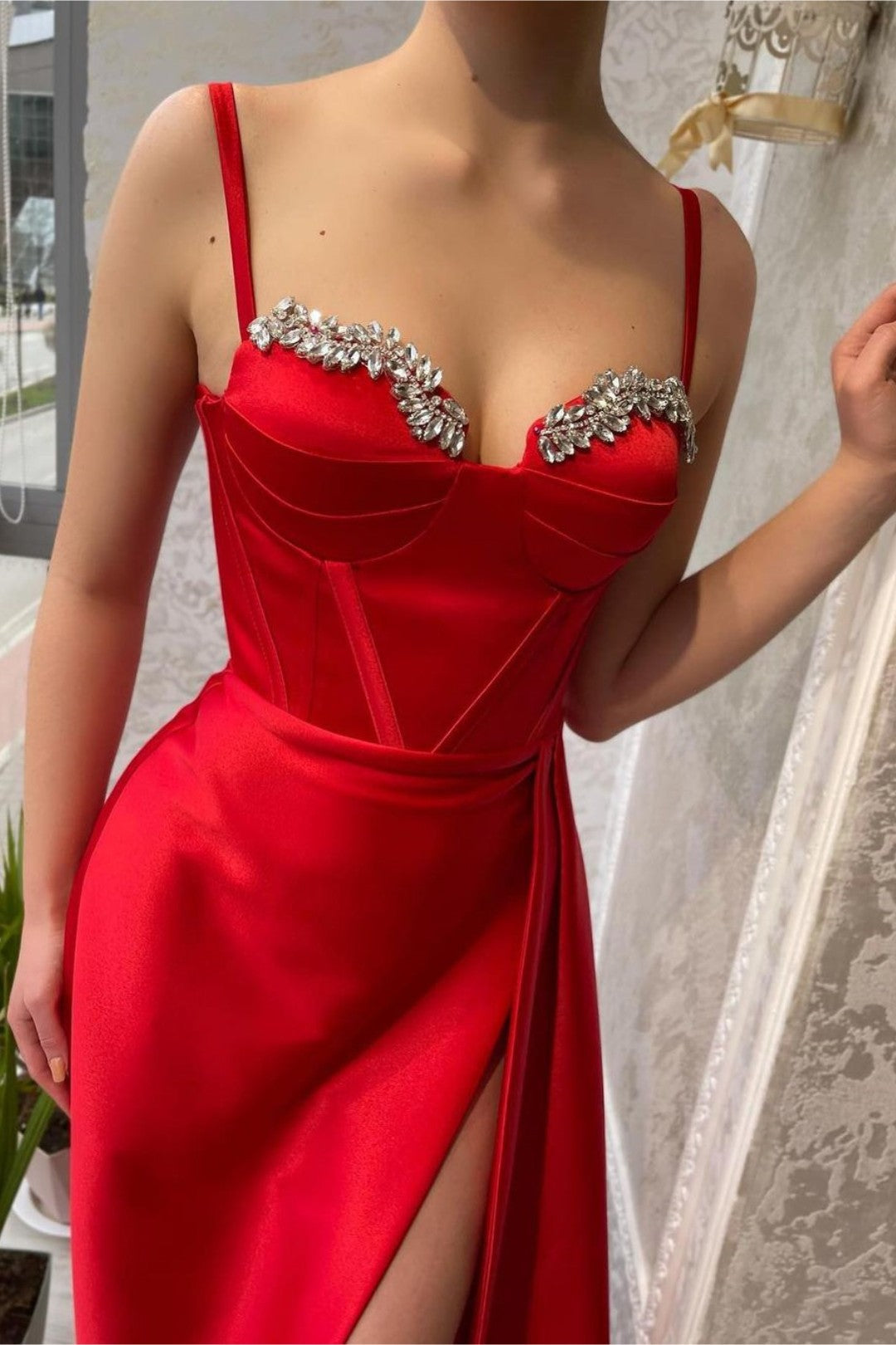 Red Prom Dress Spaghetti Strap Gown With Beads