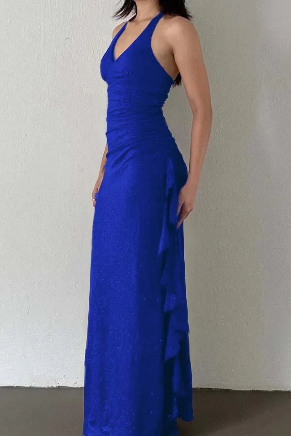 Charming V-Neck Halter Burgundy Ruffles Prom Dress ZT0740