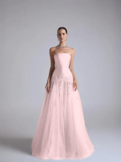 Strapless Sleeveless Long Pleated A-Line Prom Dress With Flower Appliqués