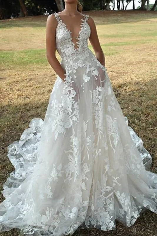 Deep V-Neck Spaghetti Straps Sleeveless Lace Applique Tulle Pleated A-Line Wedding Dress