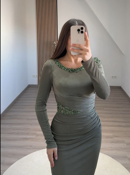 Long Sleeves Mermaid High Neck Prom Dress with Sequins Ruched Evening Party Dress