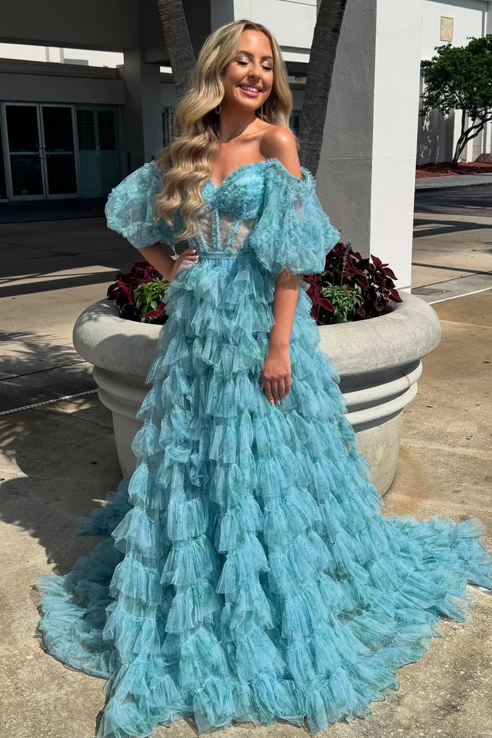 Cute A Line Sweetheart Off the Shoulder Tiered Tulle Long Prom Dress