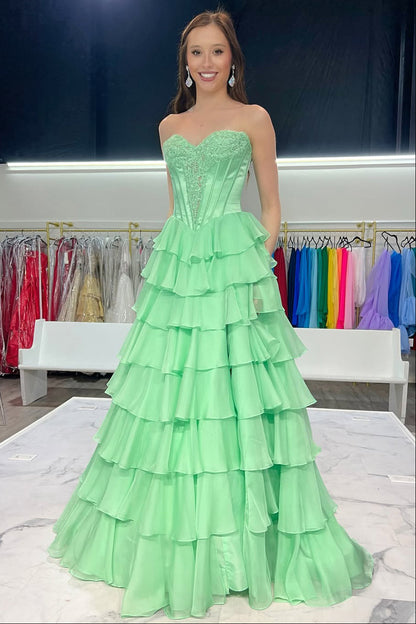 A Line Sweetheart Mint Chiffon Tiered Prom Dress
