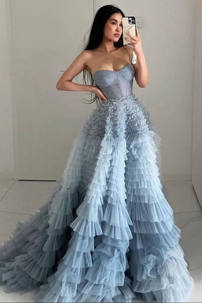 A-Line Sweetheart Tiered Ruffled Tulle Long Prom Dress