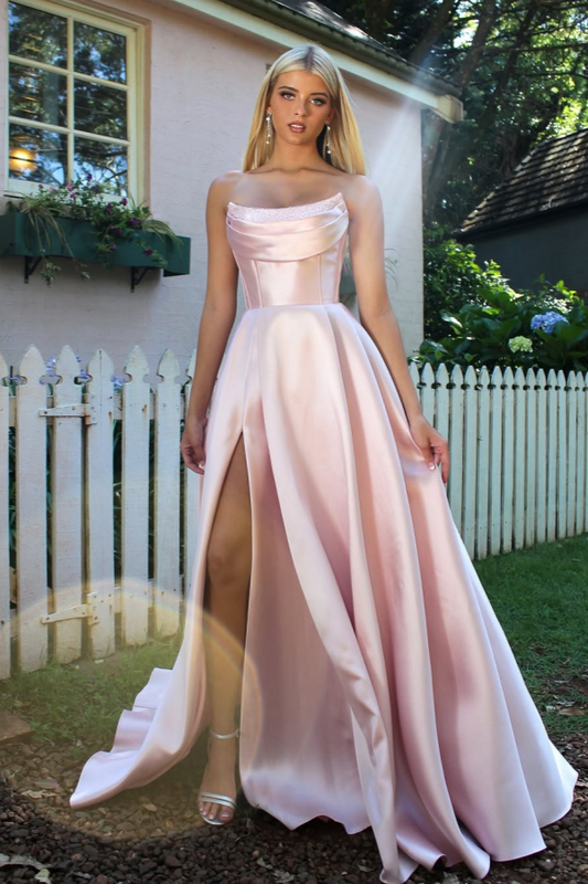 Candy Pink Split A-Line Prom Dress With Pockets