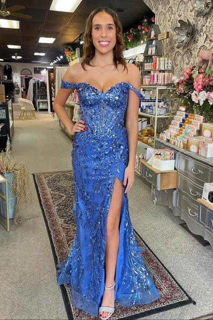 Charming Mermaid Off the Shoulder Blue Sequins Lace Slit Prom Dress