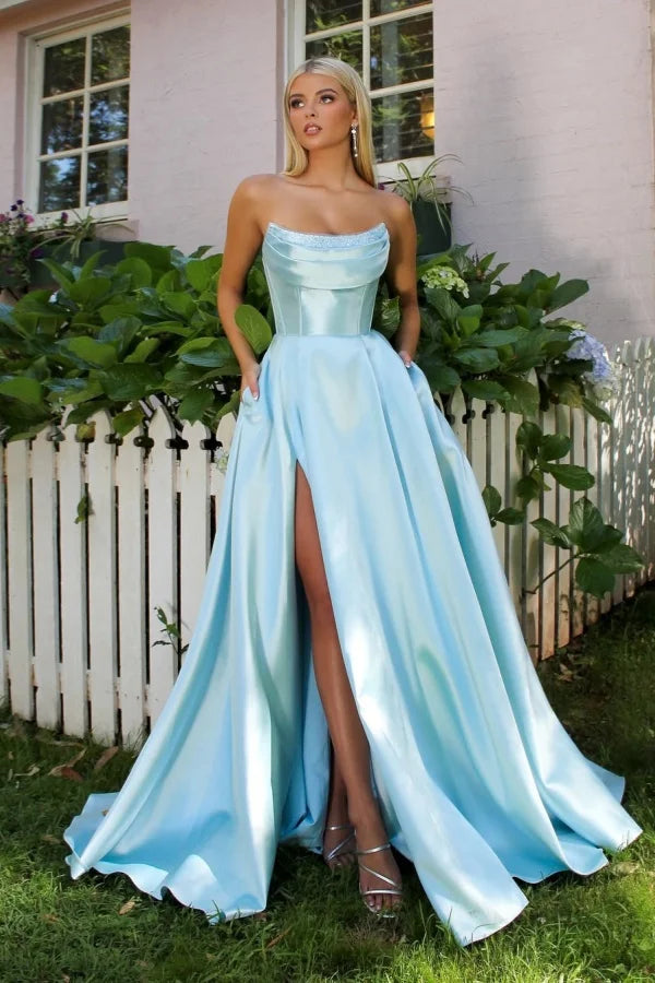 Candy Pink Split A-Line Prom Dress With Pockets