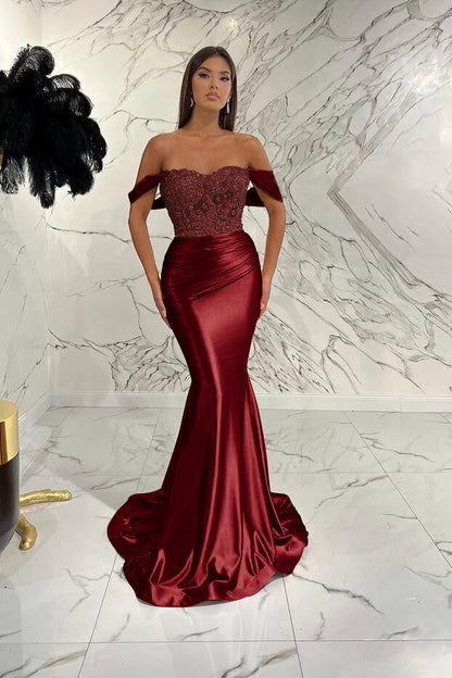 Gorgeous Off the Shoulder Prom Dress Mermaid Sequined Evening Formal Dress With Beading Pleated