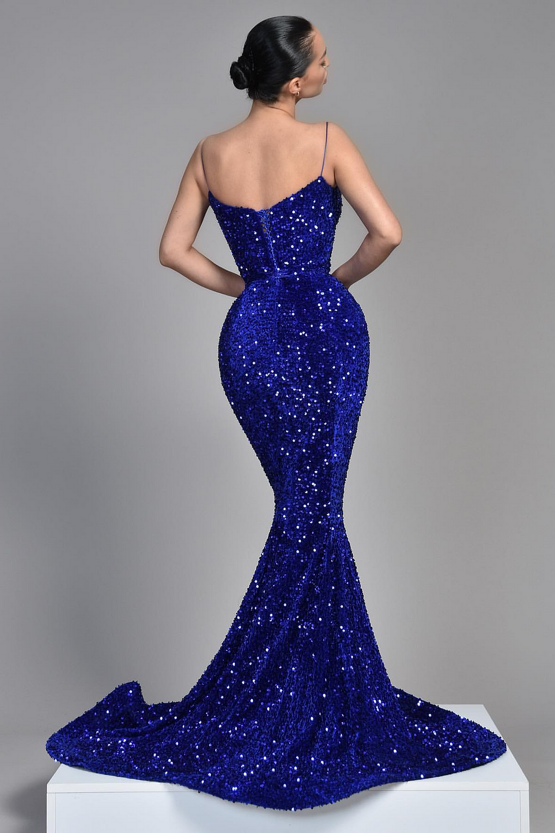 Royal Blue Sequins Evening Dress Sleeveless Spaghetti Strap