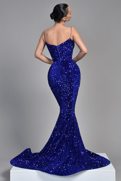 Royal Blue Sequins Evening Dress Sleeveless Spaghetti Strap