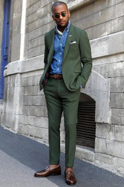 Elegant Dark Green Wedding Suits Outfits For Men With Peaked Lapel Party