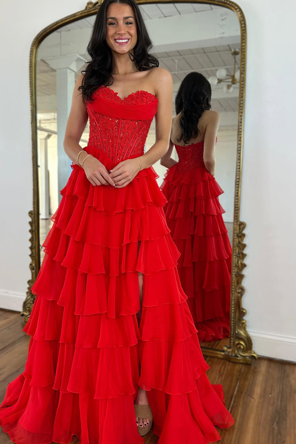Gorgeous A Line Sweetheart Red Chiffon Tiered Prom Dress with Slit