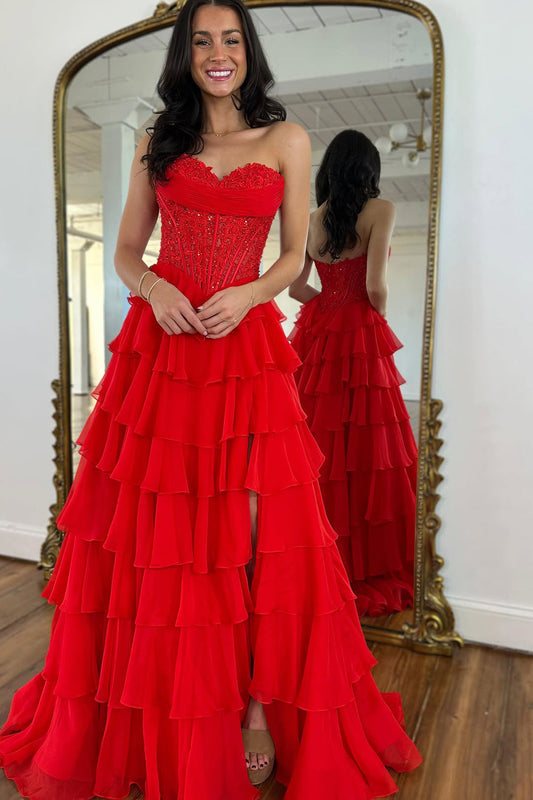 Gorgeous A Line Sweetheart Red Chiffon Tiered Prom Dress with Slit