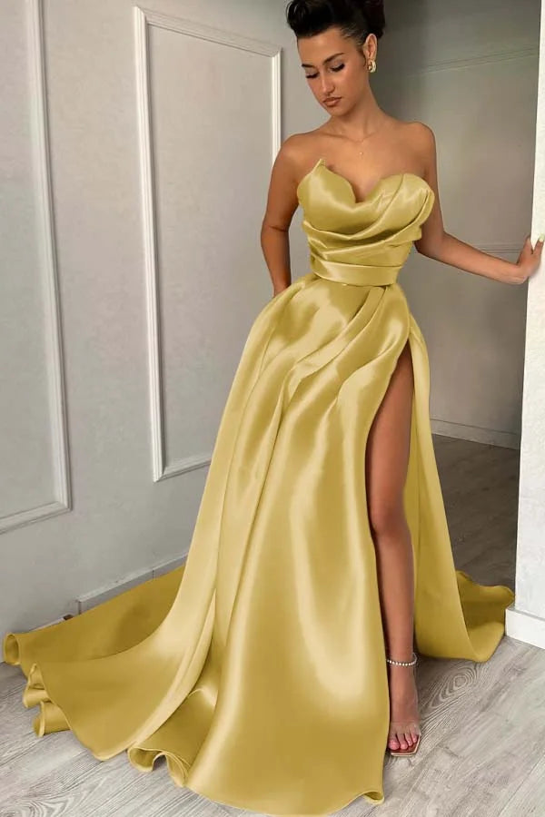 Chic Strapless Split Pleated Prom Dress