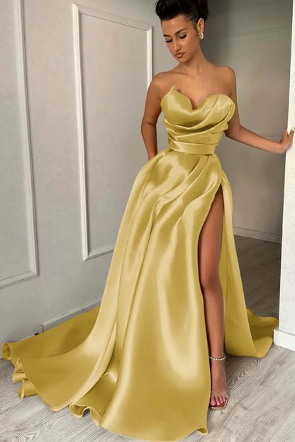 Chic Strapless Split Pleated Prom Dress
