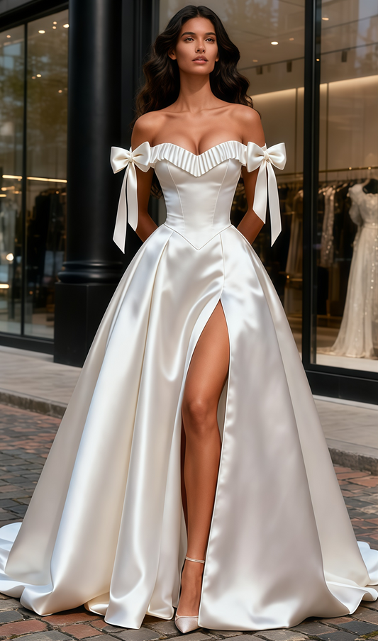 Ruched A Line Satin Off The Shoulder Wedding Dress With Slit