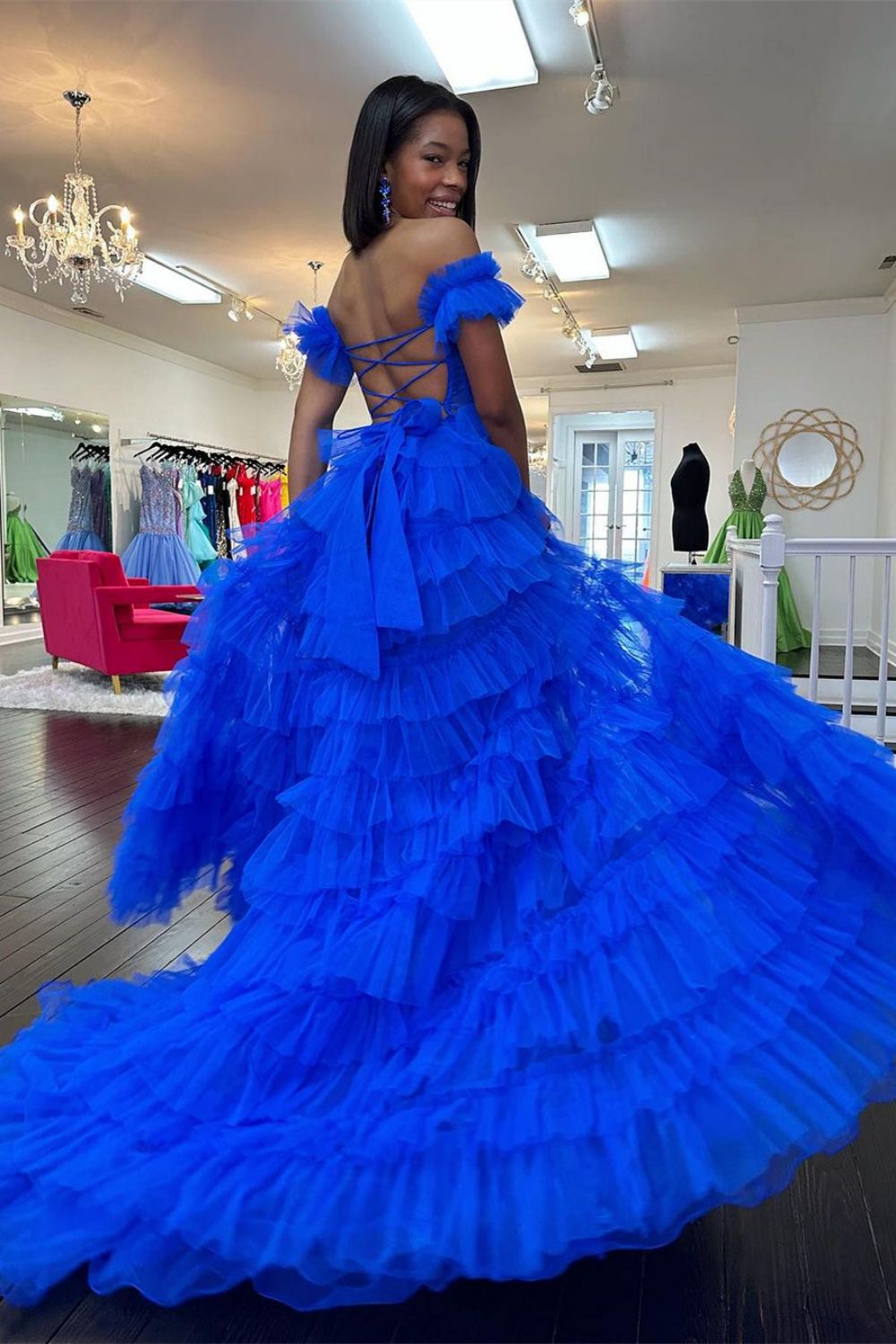 A-Line Sweetheart Off-Shoulder Sleeveless Pleated Tulle Tiered Prom Dress with High Slit