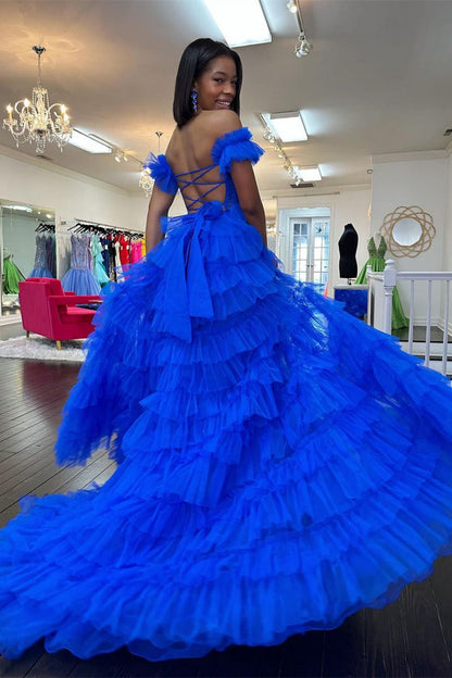 A-Line Sweetheart Off-Shoulder Sleeveless Pleated Tulle Tiered Prom Dress with High Slit