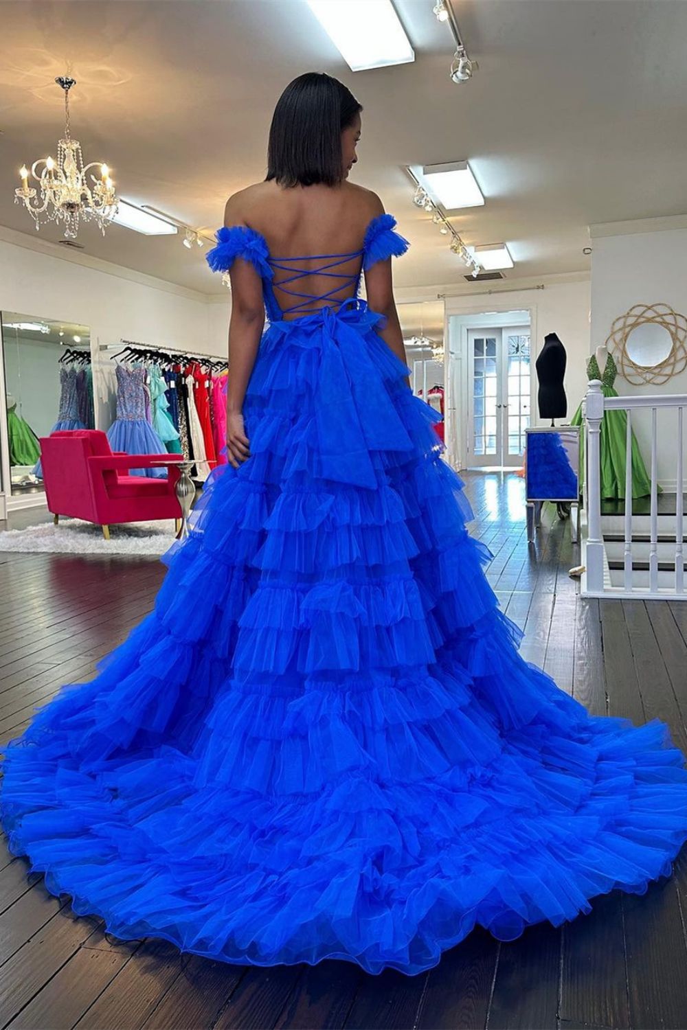 A-Line Sweetheart Off-Shoulder Sleeveless Pleated Tulle Tiered Prom Dress with High Slit