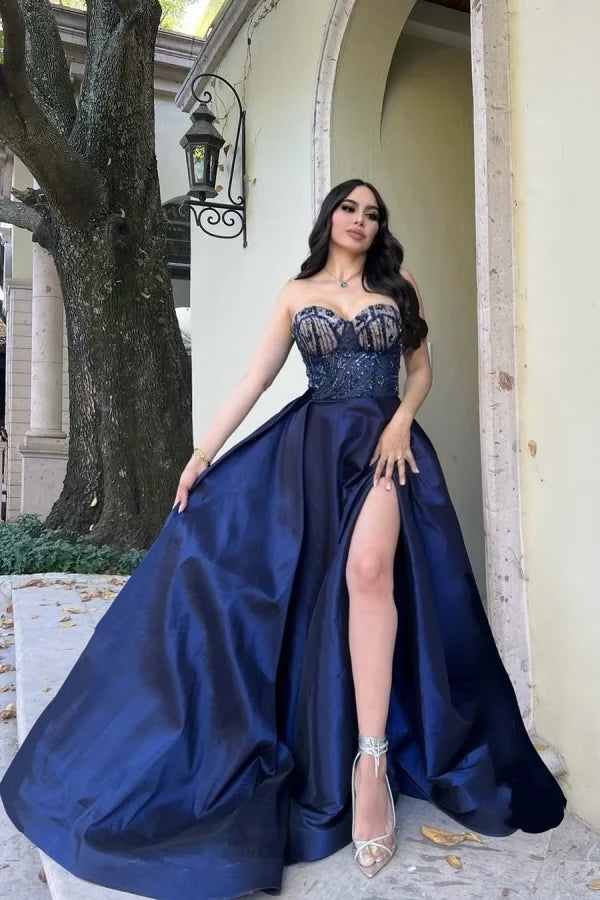 Dark Blue Split Sweetheart Sequins Prom Dress