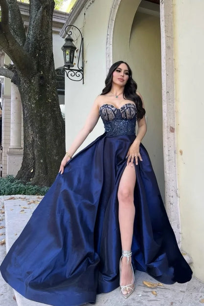 Dark Blue Split Sweetheart Sequins Prom Dress
