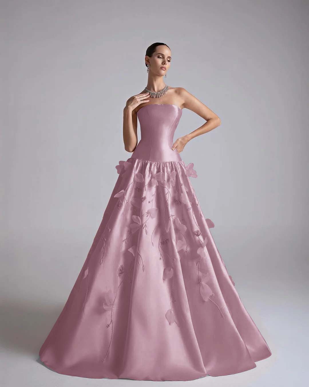 Strapless Sleeveless Long A-Line Prom Dress With Flower Appliqués And Beadings