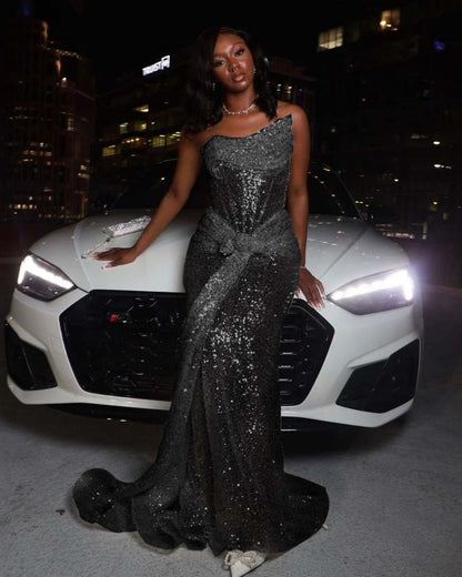 Asymmetric Strapless Sleeveless Long Pleated Mermaid Prom Dress