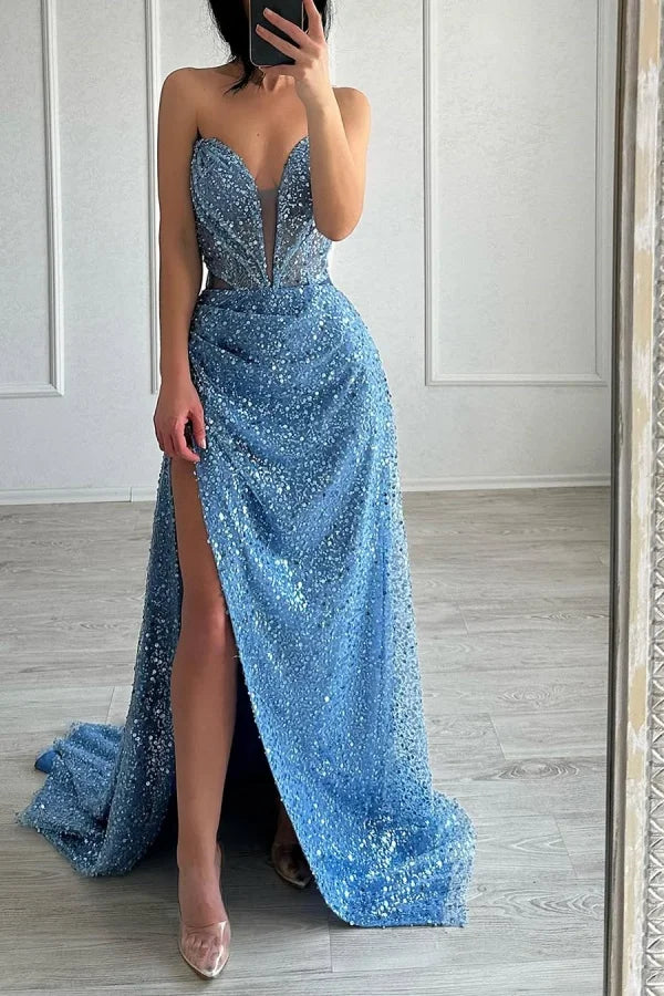 Strapless Blue Sequins Split Evening Dress