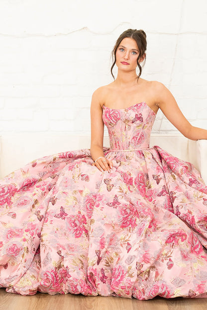 Pretty A-Line Strapless Jacquard Satin Corset Long Prom Dress