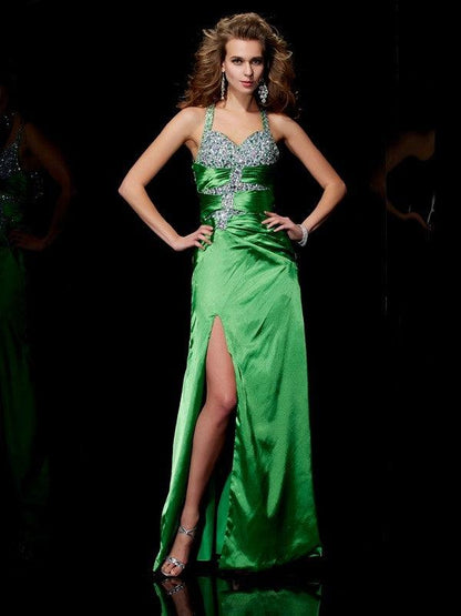 Sheath Column Straps Sleeveless Beading Long Elastic Woven Satin Dresses