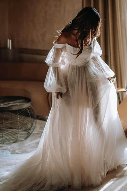 Off-Shoulder Long-Puff-Sleeves Tulle Floor-Length Wedding Dress