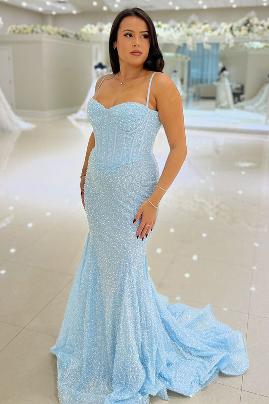 Sparkly Mermaid Corset Evening Dress Spaghetti Strap Sequin Formal Prom Dress