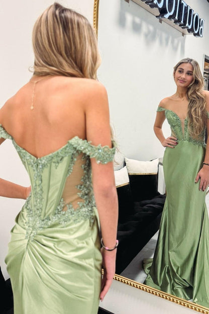 Off the Shoulder Sage Green Appliques Satin Mermaid Prom Dress
