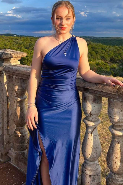 Sage Green One Shoulder Pleats Long Prom Dresses with Slit