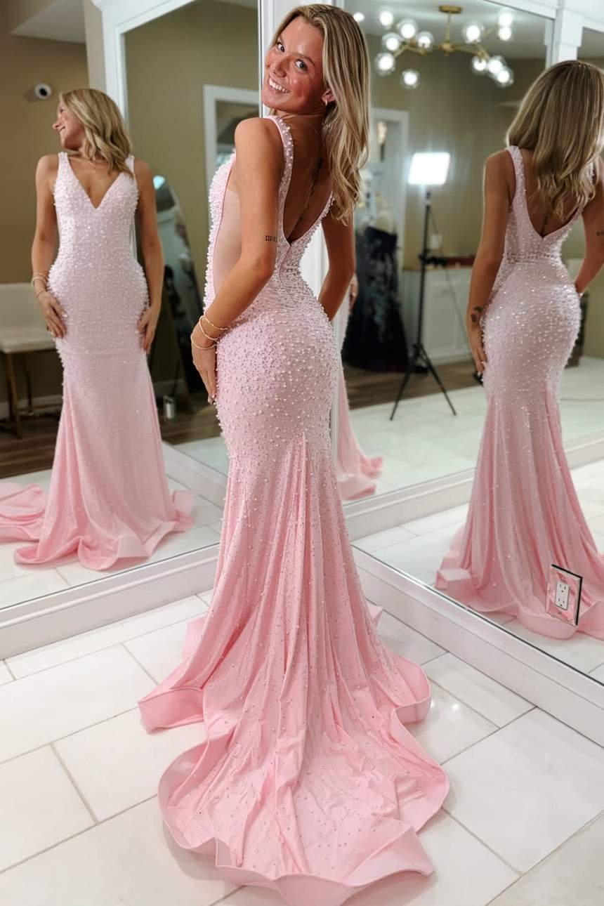 Glitter Mermaid V Neck Light Pink Beaded Long Prom Dress