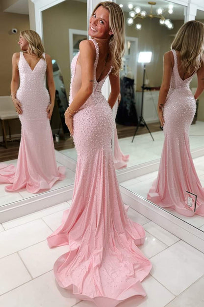 Glitter Mermaid V Neck Light Pink Beaded Long Prom Dress
